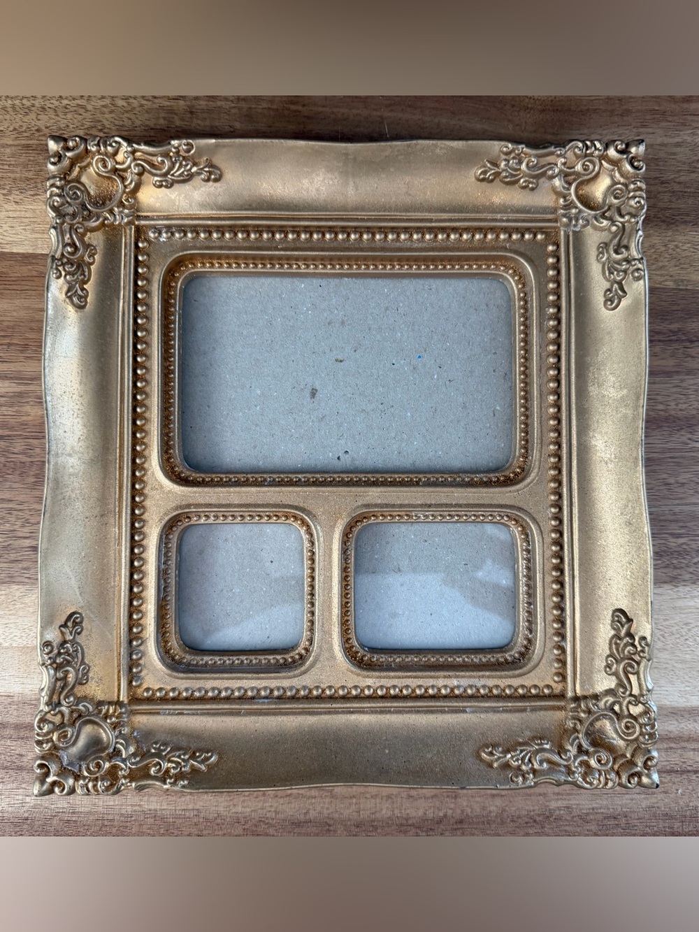 Vintage Ornate Gold Tone Triple Picture Frame 9.5” x 9.5”